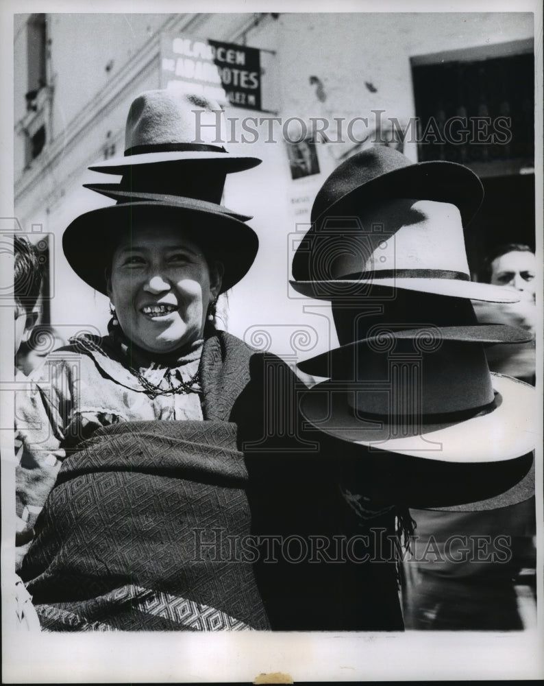 1959 Press Photo Felt Hat vendor in Quinto, Ecuador - mja07975-Historic Images