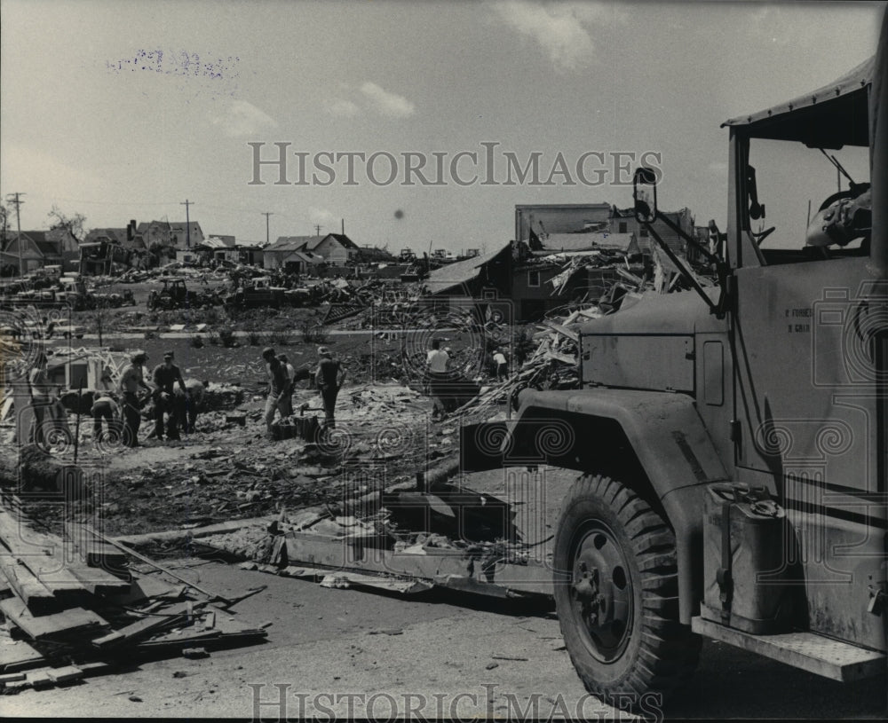 1984 Press Photo People clearing debris in Barneveld, Wisconsin - mja08932-Historic Images