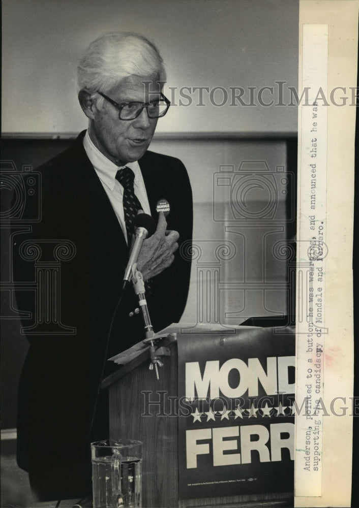 1984 Press Photo John Anderson supporting candidacy of Mondale &amp; Ferraro - Historic Images