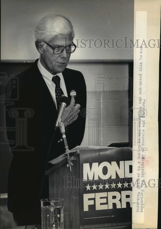 1984 Press Photo John Anderson supporting candidacy of Mondale & Ferraro - Historic Images