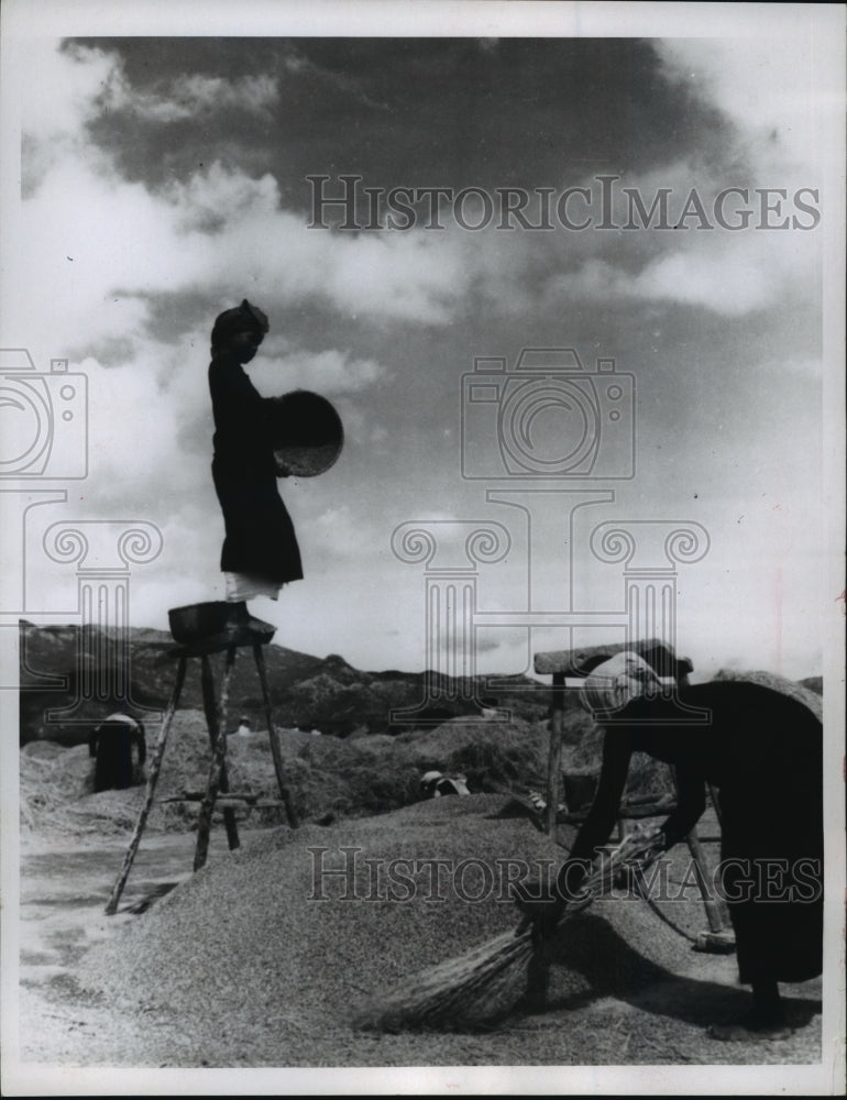 1967 Press Photo A young woman winnowed the chaff from the family rice - Historic Images