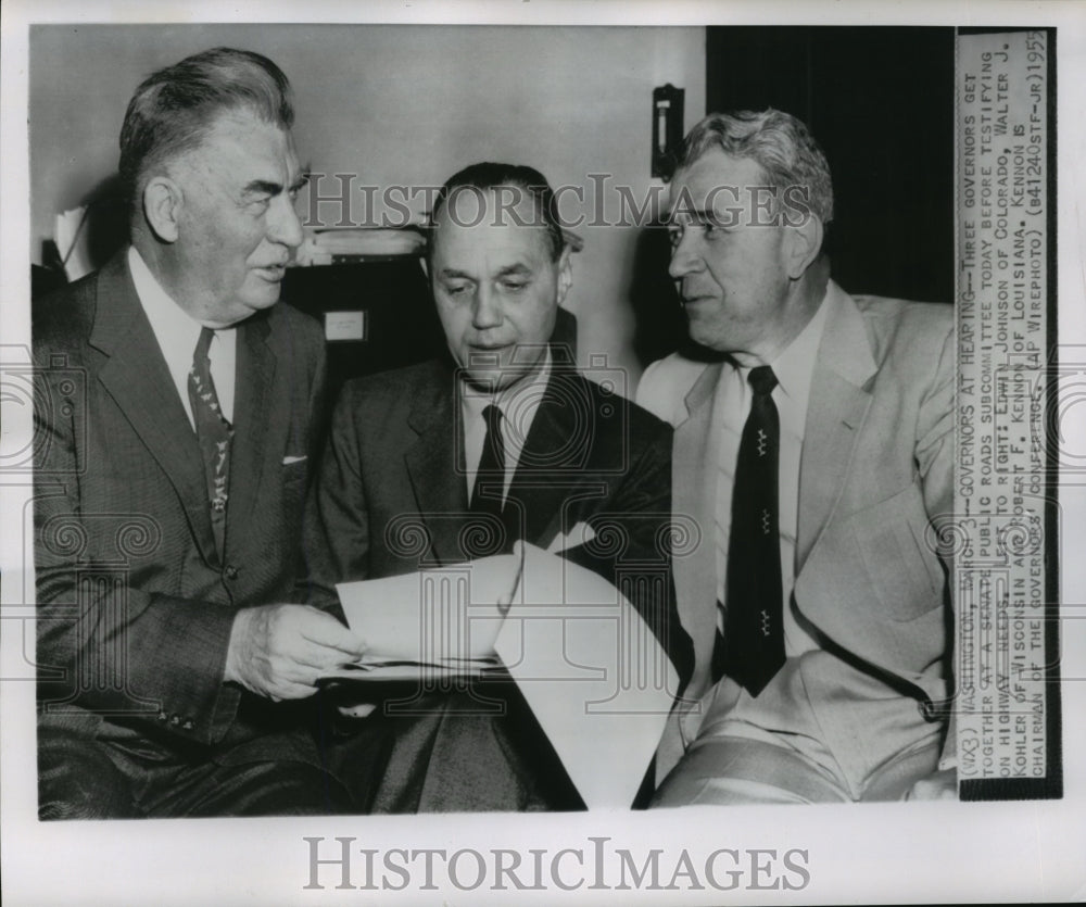 1955 Press Photo Edwin Johnson, WJ Kohler &amp; RF Kennon at Senate Roads committee - Historic Images