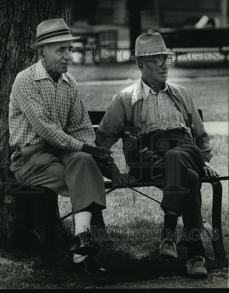 1979 Simo Slepcevic and George Stimac shared conversation in park-Historic Images