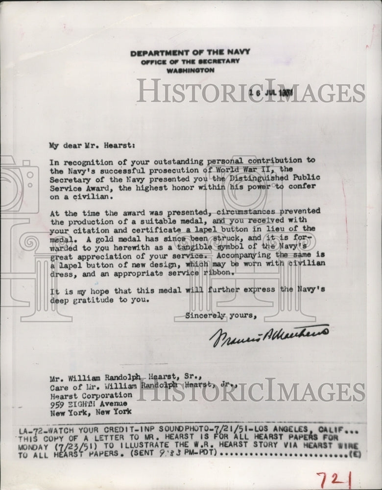 1951 Press Photo Copy of a letter to Mrs. Hearst for all Hearst Papers-Historic Images
