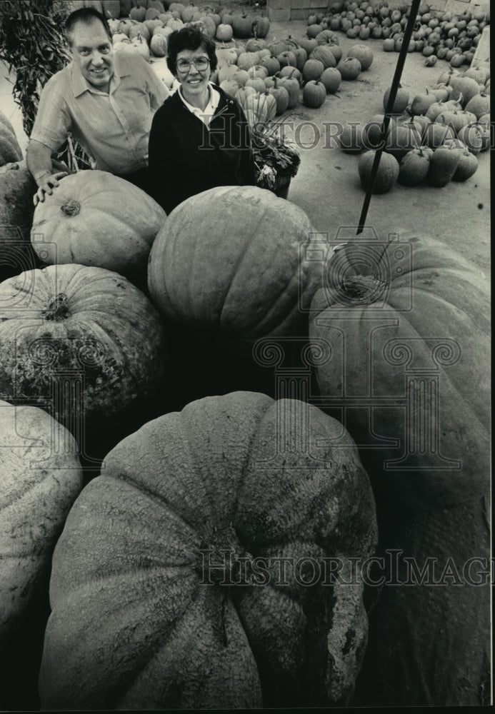 1986 Press Photo The rain helped Jim and Susie Batzler grow large pumpkins - Historic Images