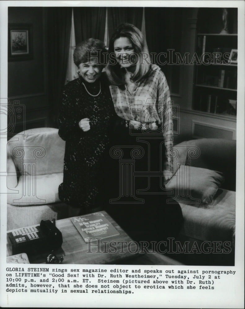 1985 Press Photo Gloria Steinem visits Dr. Ruth Westheimer's TV show - mja23497 - Historic Images