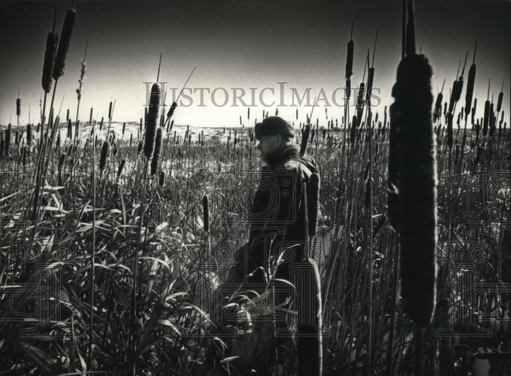 1990 Press Photo Retired State Wildlife Manager Armin Schwengel Surveys Wetlands - Historic Images