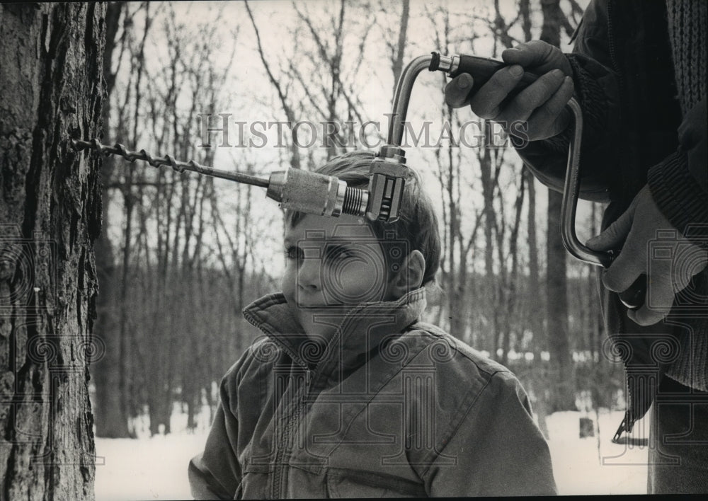 1989 Press Photo Micah Milhans watches maple syrup being tapped, West Allis - Historic Images