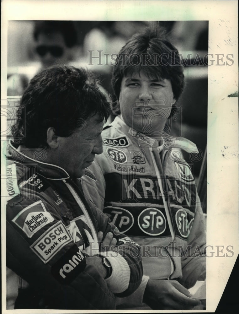 1987 Press Photo Michael Andretti w/ his father Mario at Miller American 200 - Historic Images