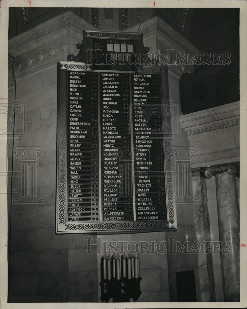 1954 Press Photo Legislature Score Board, speeds work of the Wisconsin assembly-Historic Images