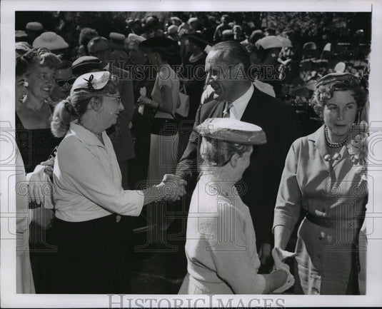 1957 Press Photo Sen. & Mrs. William Knowland shake hands with GOP women-Historic Images