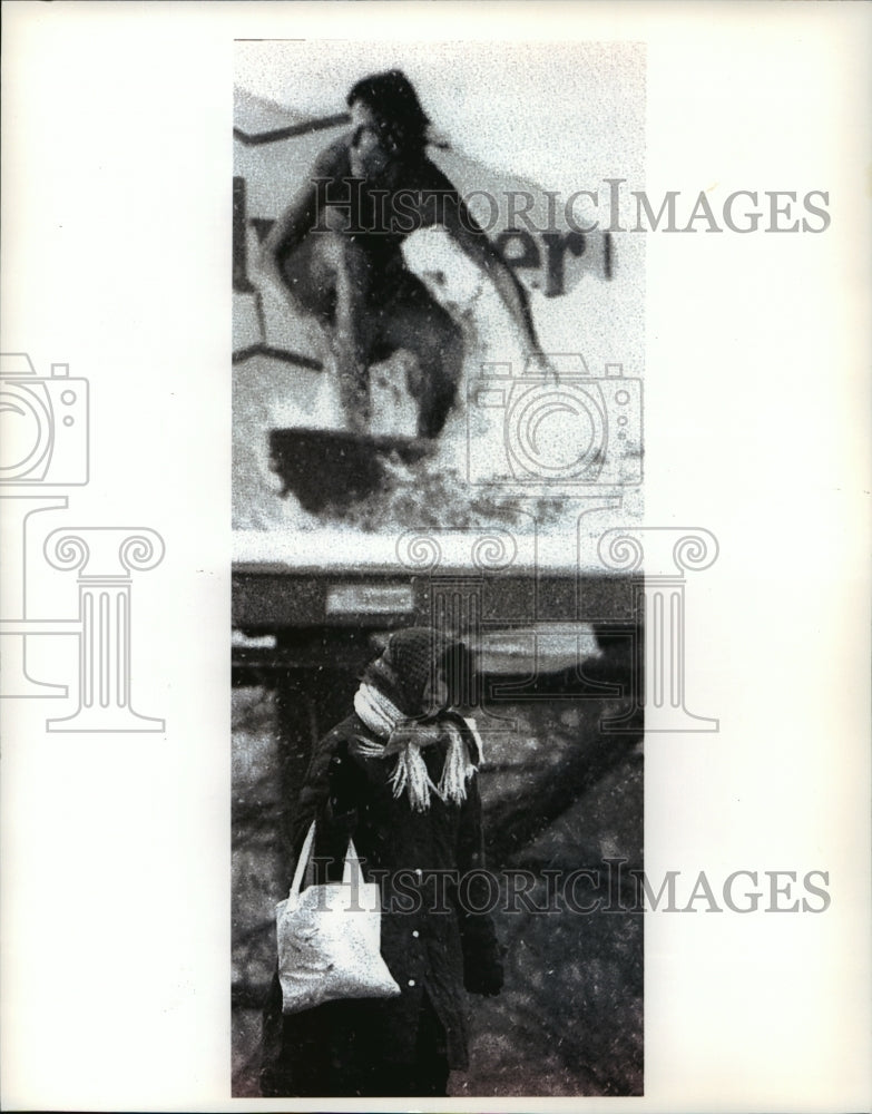 1994 Press Photo A billboard of a surfer and a woman walking while it snowed-Historic Images