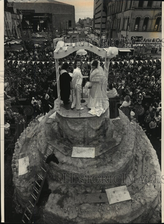 1989 Press Photo Cheryl Curry, Darrell Klompmaker Wedding Atop Snow Cake-Historic Images