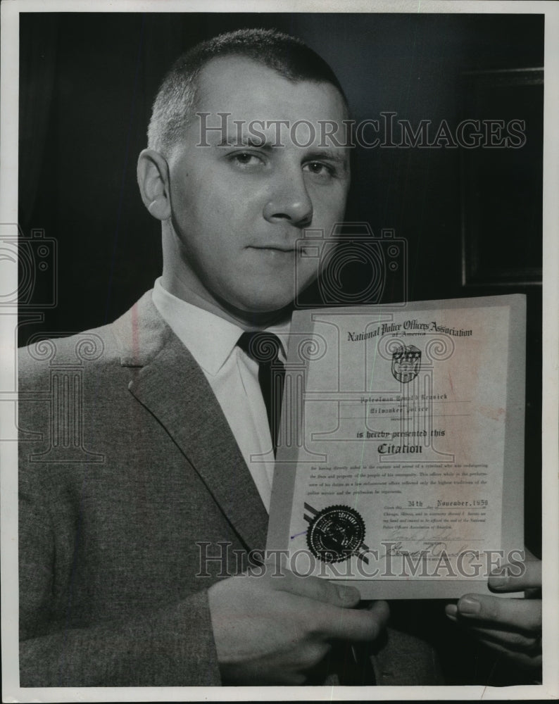 1959 Press Photo Patrolman Ronald J. Krusick Receives Citation for Bravery-Historic Images