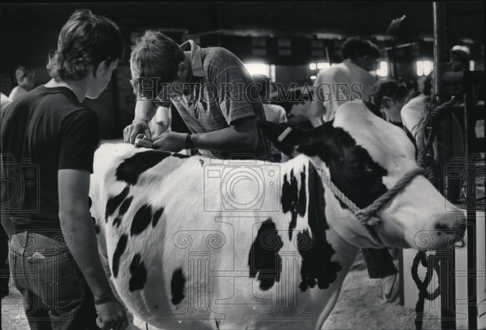 1985 Press Photo Randy Carns and Brian Coulthard with Holstein at State Fair - Historic Images