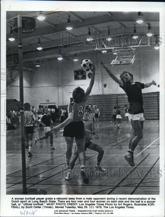 1979 Female Korfball Player Grabs Rebound From Male Opponent-Historic Images