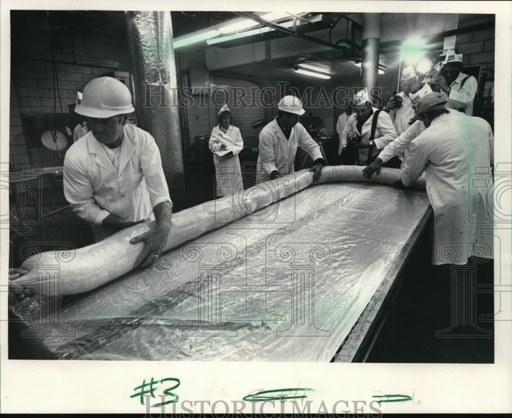 1985 Press Photo Klement Sausage Co. record sausage - mja37428-Historic Images