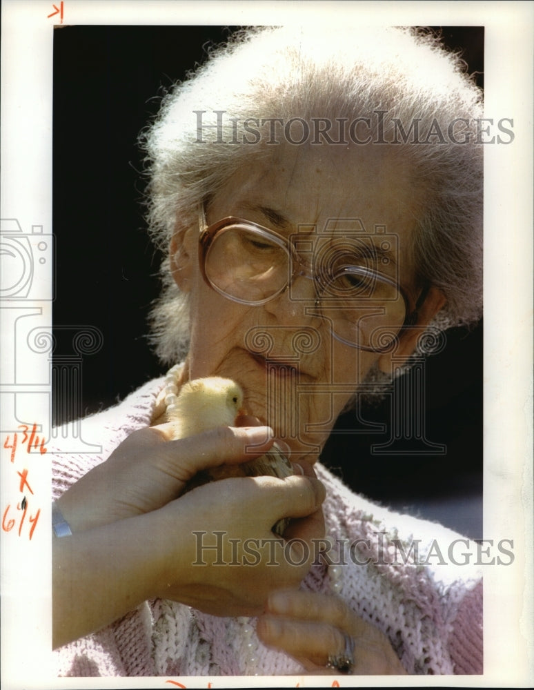 1994 Press Photo Helen Olewiriski Looks At Baby Chick At Woodland Health Center-Historic Images