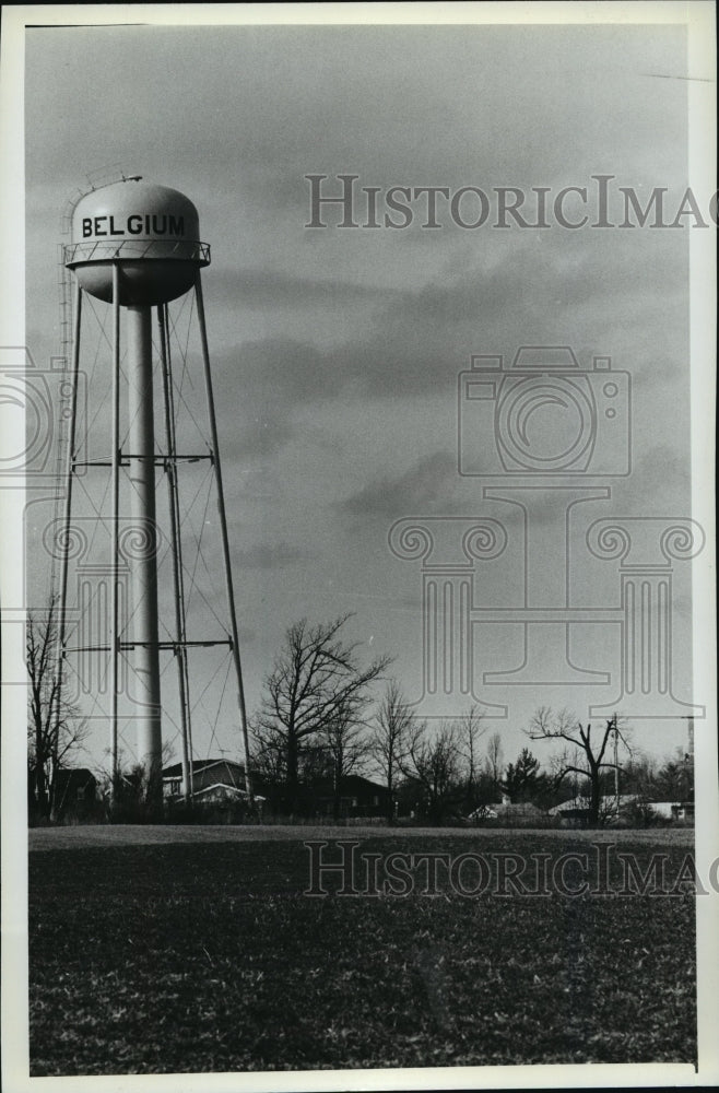 1982 Press Photo The Belgium Wisconsin water tower identifies 875 residents.-Historic Images
