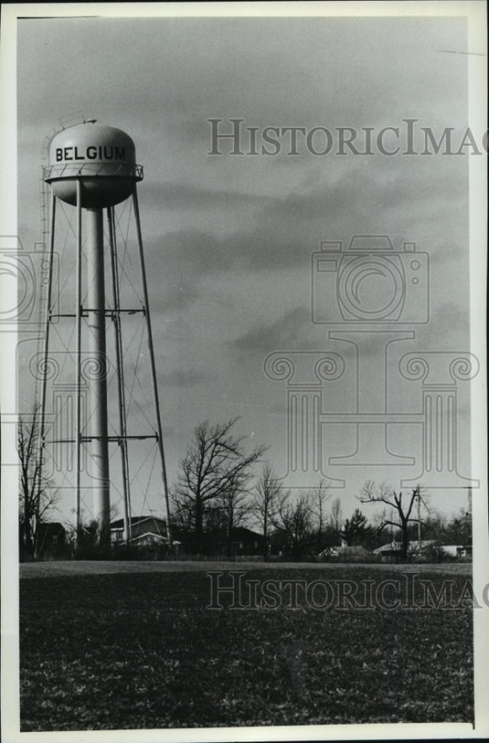1982 Press Photo The Belgium Wisconsin water tower identifies 875 residents.-Historic Images