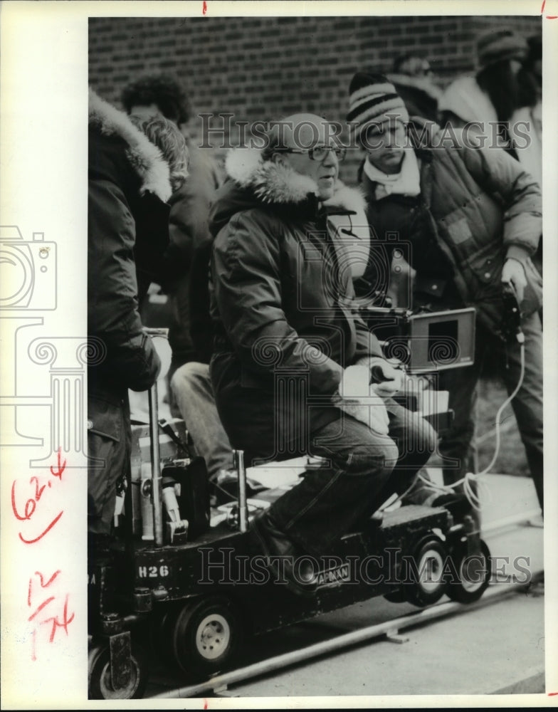1981 Press Photo Director Herbert Wise sits on camera dolly during rehearsal-Historic Images