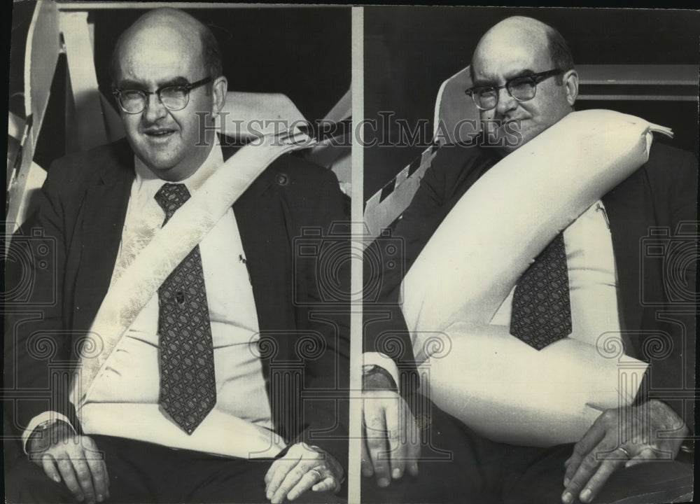 1972 Press Photo Bob Irwin, Auto Writer for Detroit News, Tries Inflatable Belt-Historic Images