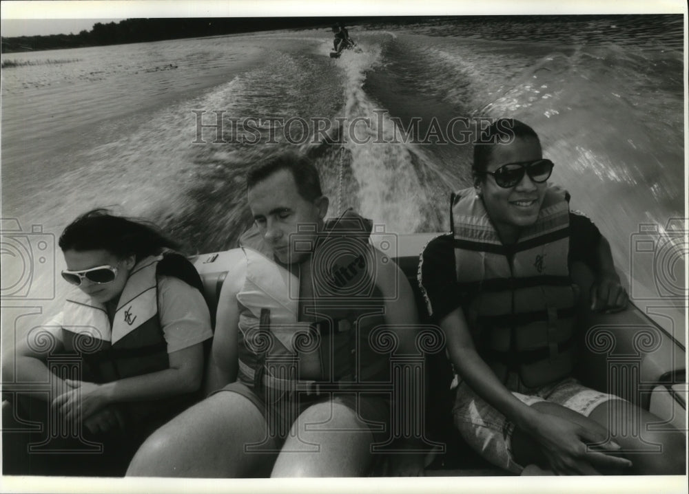 1994 Press Photo Riding the waves at Camp Wakonda, near Westfield, Wisconsin - Historic Images