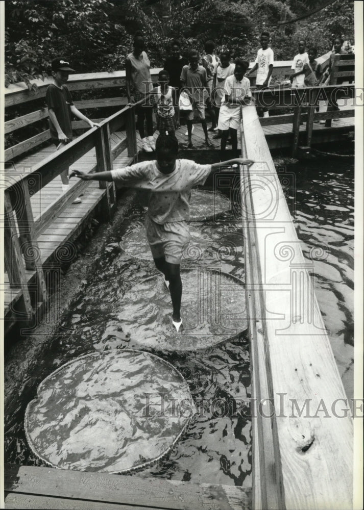 1992 Press Photo Baltimore Zoo&#39;s Computerized Swamp Children Walk on Lilliepads - Historic Images