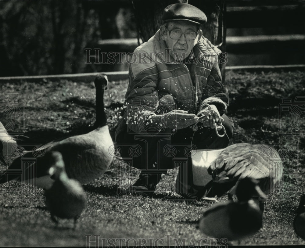 1987 Press Photo Gilbert Martinez Feeds Geese and Ducks at Brown Deer Park - Historic Images