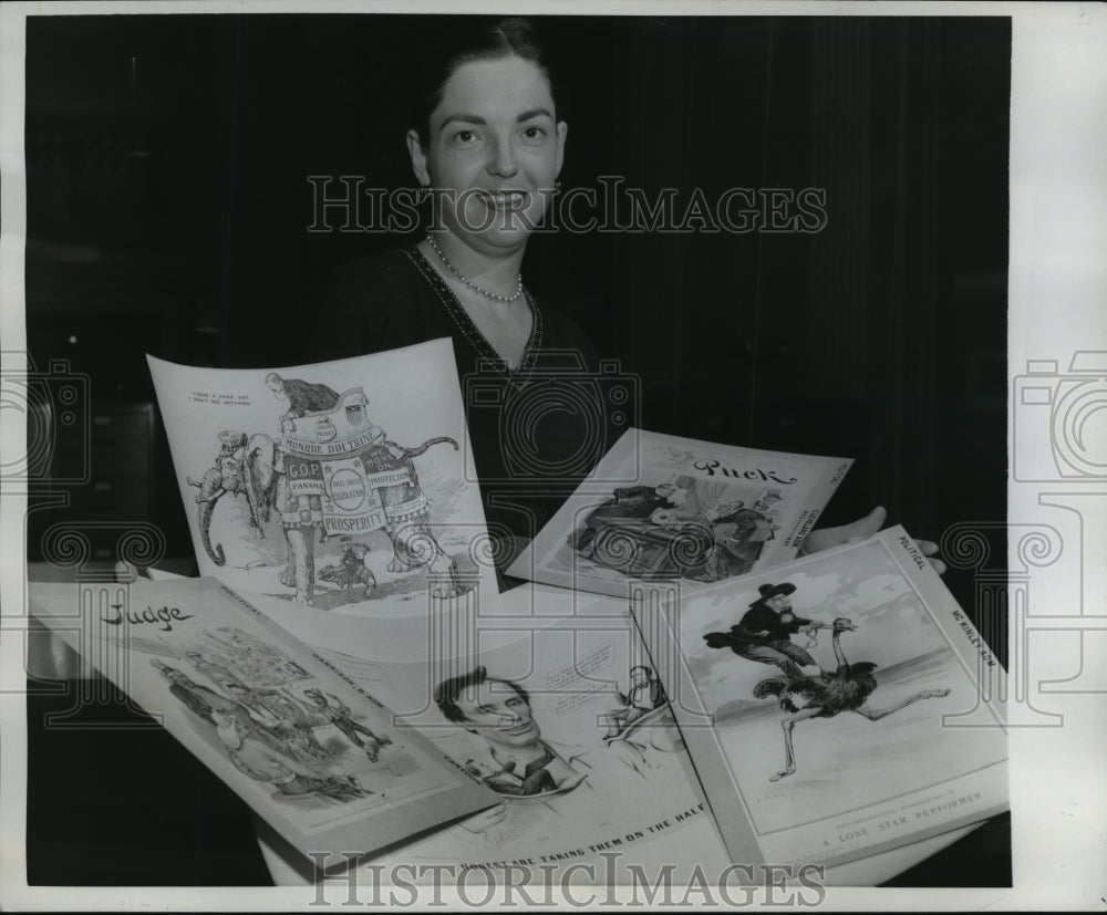 1958 Press Photo Suzanne Cooper with political cartoons in Washington D.C. - Historic Images