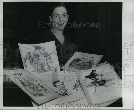 1958 Press Photo Suzanne Cooper with political cartoons in Washington D.C. - Historic Images