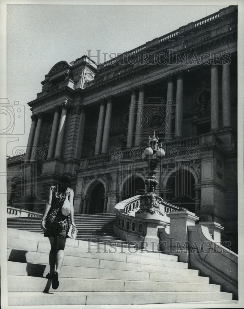 1969 Visitor Walks Up Steps to The Library of Congress  - Historic Images