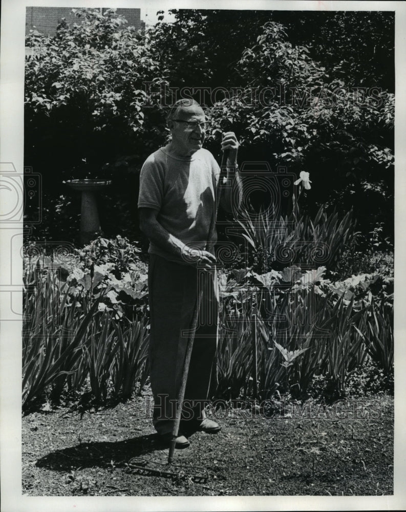 1977 Press Photo Frank Scharfenberg Worked In His Garden in Detroit, Michigan - Historic Images