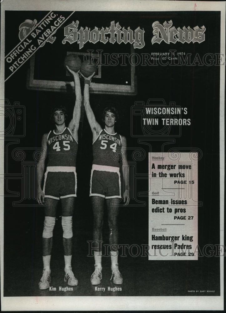 1974 Press Photo Kim and Kerry Hughes on Cover of The Sporting News in February-Historic Images