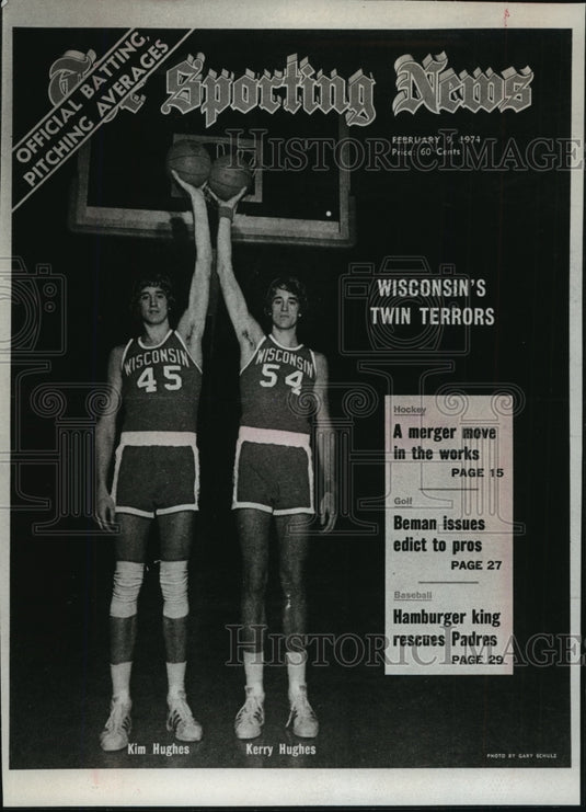 1974 Press Photo Kim and Kerry Hughes on Cover of The Sporting News in February-Historic Images