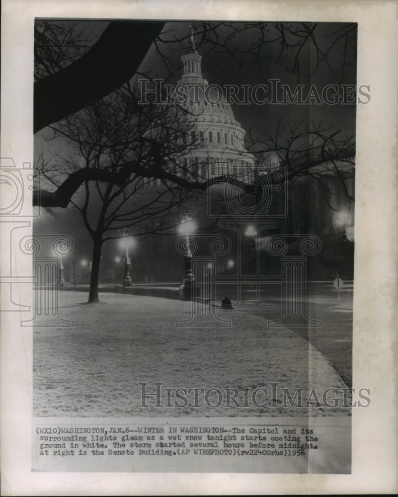 1956 Press Photo Washington D.C. Capitol Building Nighttime Snow Scene - Historic Images