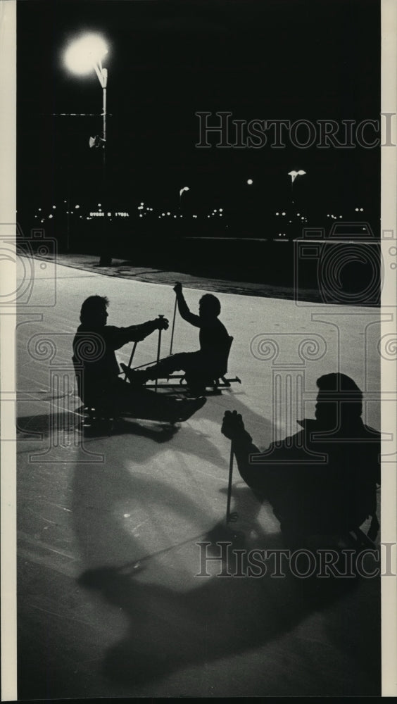 1987 Press Photo Paraplegic Athletes on Sledges, Olympic Ice Rink - mja56622- Historic Images