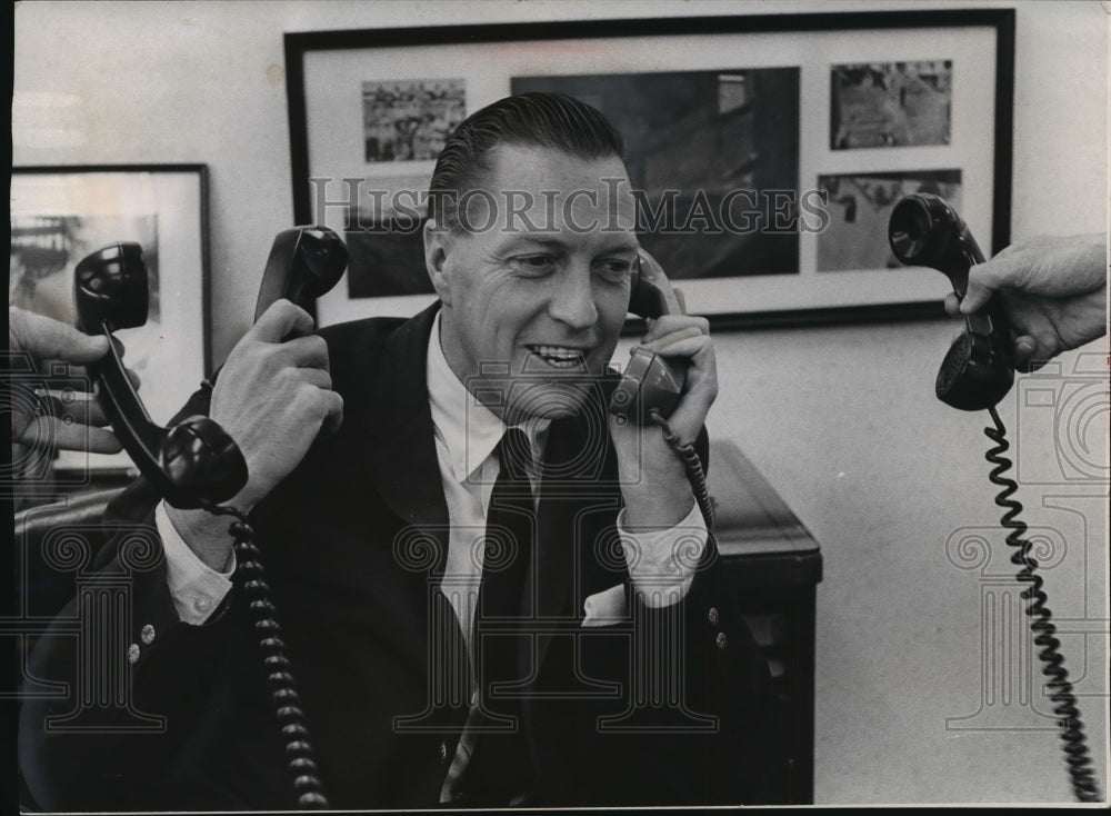 1963 Press Photo Braves&#39; President John McHale Answers Congratulatory Phone Call-Historic Images