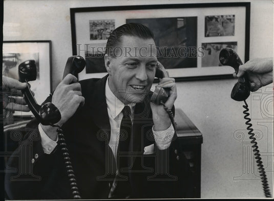 1963 Press Photo Braves' President John McHale Answers Congratulatory Phone Call-Historic Images