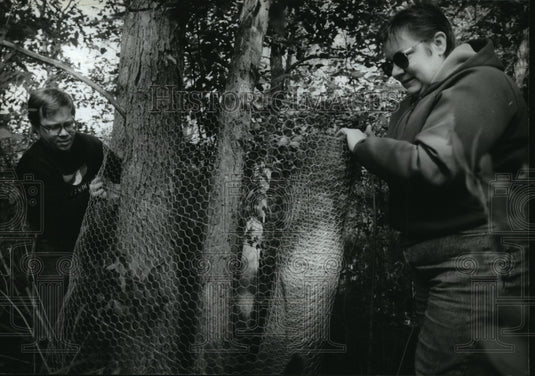 1993 Press Photo Ross Fricke and Ruth Fricke Wrap Trees to Discourage Beavers-Historic Images