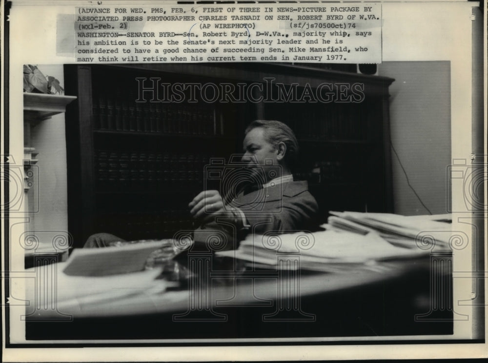 1974 Press Photo West Virginia Senator, Robert Byrd, in His Office - mja57872-Historic Images