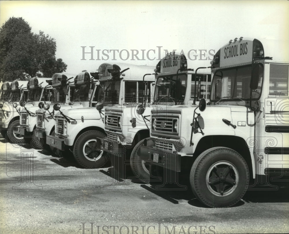1986 Press Photo A Row of School Busses - mja57969-Historic Images