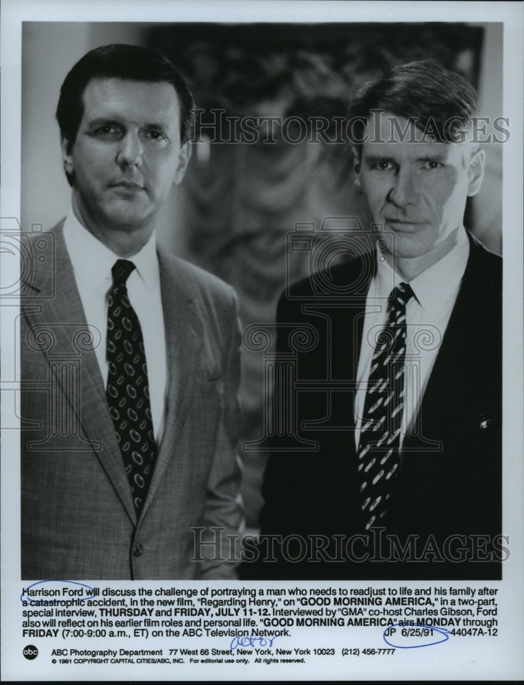 1991 Press Photo Harrison Ford and Charles Gibson on &quot;Good Morning America&quot;-Historic Images