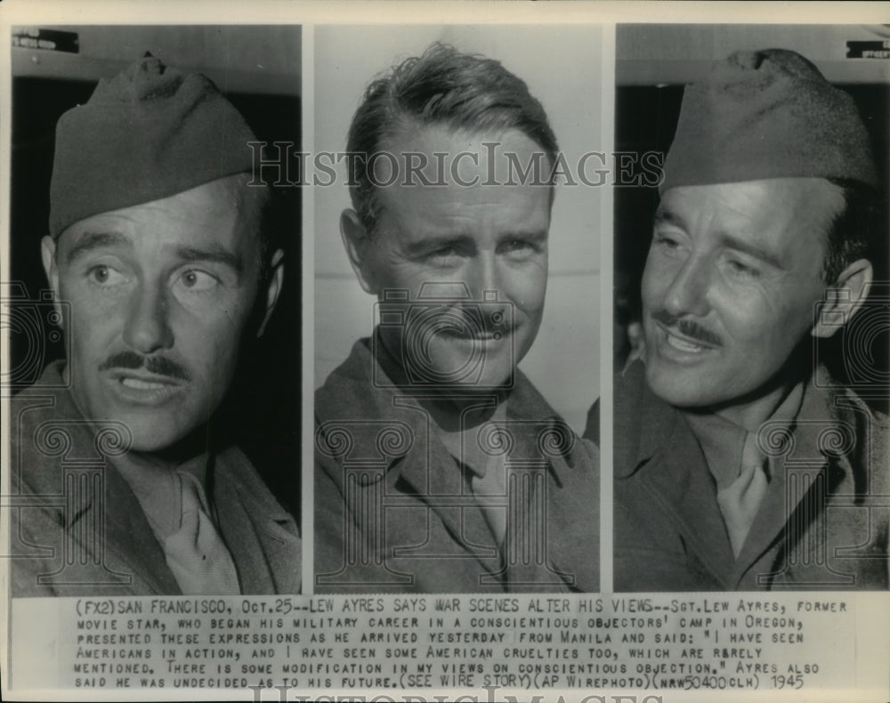 1945 Press Photo Sgt. Lew Ayres, Former Movie Star Says Scenes Alter His Views-Historic Images