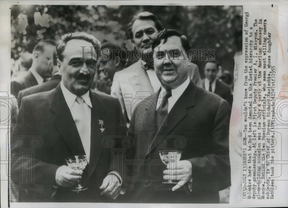 1955 Press Photo Georgi Malenkov with A.I. Mikoyan American Embassy Moscow-Historic Images