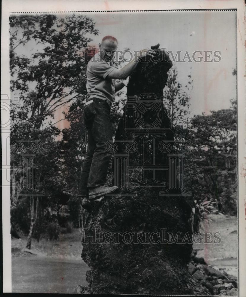1965 Press Photo Astronaut Edwin Aldrin Jr with lava cone formation on Hawaii-Historic Images