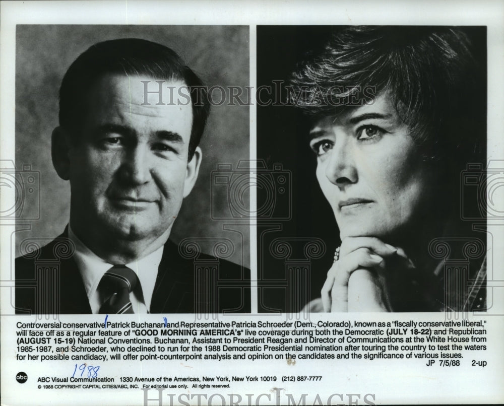1988 Press Photo Patrick Buchanan and Patricia Schroeder on GOODMORNING AMERICA-Historic Images