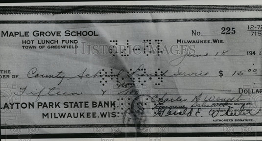 1948 Press Photo Forgery Warrant Issued Naming Edmond Lemay Based on This Check - Historic Images