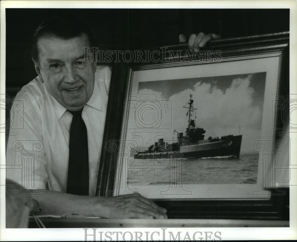 1993 Alois Caspar with a photo of the orginal minesweeper USS Ardent-Historic Images