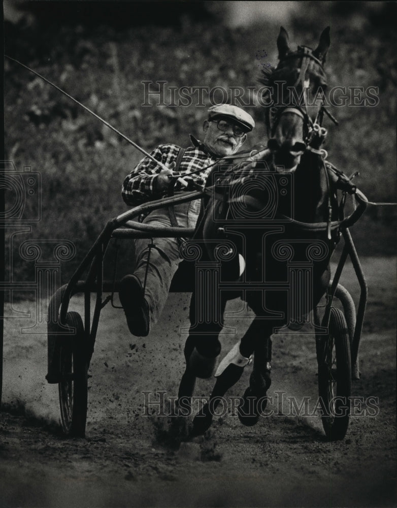 1991 Press Photo Amee&#39;s Mark Gets Brisk Workout with Harness Racer, Wilmer Lemke - Historic Images